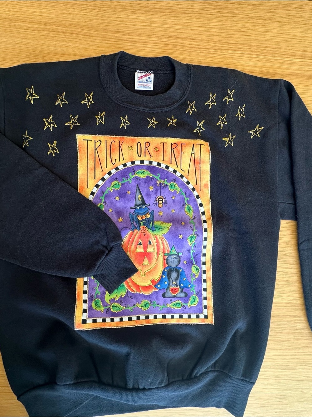 Black 'Trick or Treat' Halloween Graphic Sweatshirt Handmade Gold Stitching